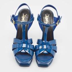 Saint Laurent Blue Patent Leather Tribute Platform Sandals Size 39