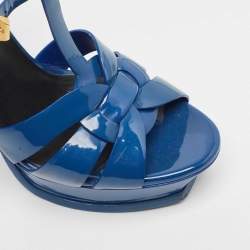 Saint Laurent Blue Patent Leather Tribute Platform Sandals Size 39
