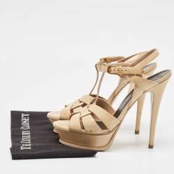 Saint Laurent Beige Patent Leather Tribute Platform Sandals Size 39