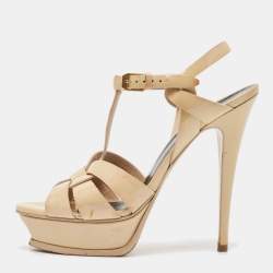 Saint Laurent Beige Patent Leather Tribute Platform Sandals Size 39
