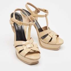 Saint Laurent Beige Patent Leather Tribute Platform Sandals Size 39