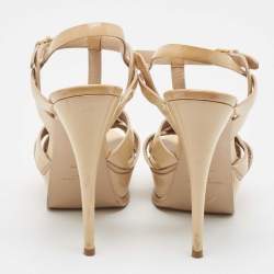 Saint Laurent Beige Patent Leather Tribute Platform Sandals Size 39
