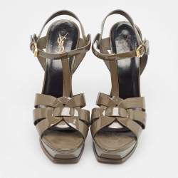 Saint Laurent Grey Patent Leather Tribute Platform Sandals Size 39.5