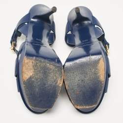 Pre Owned Saint Laurent Navy Blue Leather Tribute Platform Sandals Size 39.5