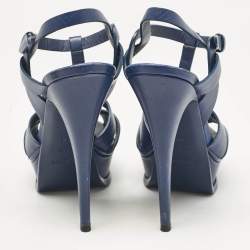 Pre Owned Saint Laurent Navy Blue Leather Tribute Platform Sandals Size 39.5