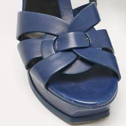 Pre Owned Saint Laurent Navy Blue Leather Tribute Platform Sandals Size 39.5