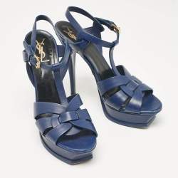 Pre Owned Saint Laurent Navy Blue Leather Tribute Platform Sandals Size 39.5
