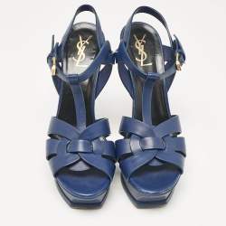 Pre Owned Saint Laurent Navy Blue Leather Tribute Platform Sandals Size 39.5