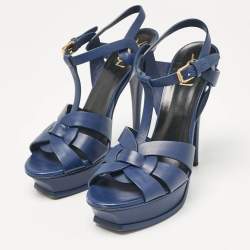 Pre Owned Saint Laurent Navy Blue Leather Tribute Platform Sandals Size 39.5