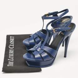 Pre Owned Saint Laurent Navy Blue Leather Tribute Platform Sandals Size 39.5