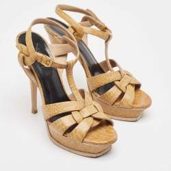 Saint Laurent Yellow Croc Embossed Leather Tribute Platform Sandals Size 39