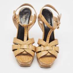 Saint Laurent Yellow Croc Embossed Leather Tribute Platform Sandals Size 39