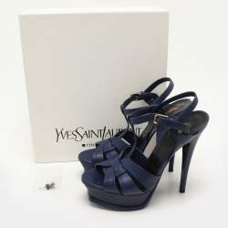 مملوكة مسبقًا Saint Laurent Blue Leather Tribute Platform Ankle Strap Sandals Size 37