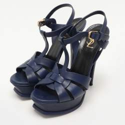 مملوكة مسبقًا Saint Laurent Blue Leather Tribute Platform Ankle Strap Sandals Size 37
