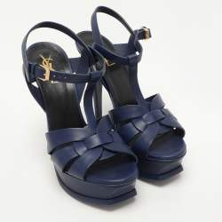 مملوكة مسبقًا Saint Laurent Blue Leather Tribute Platform Ankle Strap Sandals Size 37