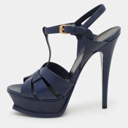 مملوكة مسبقًا Saint Laurent Blue Leather Tribute Platform Ankle Strap Sandals Size 37