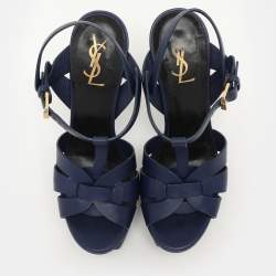 مملوكة مسبقًا Saint Laurent Blue Leather Tribute Platform Ankle Strap Sandals Size 37