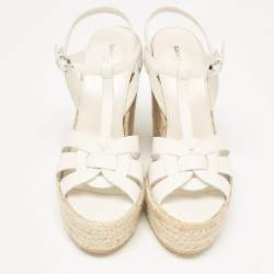 مملوكة مسبقًا صندل إسبادريل سان لوران تريبوت جلد أبيض كعب روكي نعل سميك مقاس 39.5