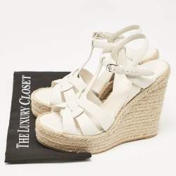 مملوكة مسبقًا صندل إسبادريل سان لوران تريبوت جلد أبيض كعب روكي نعل سميك مقاس 39.5