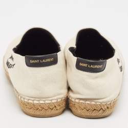 Pre Owned Saint Laurent Off White Canvas Embroidered Logo Espadrille Flats Size 40