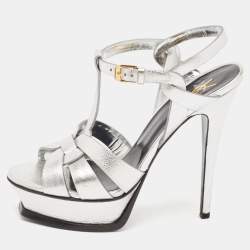 Pre Owned Saint Laurent Silver Leather Tribute Sandals Size 38