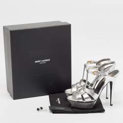 Pre Owned Saint Laurent Silver Leather Tribute Sandals Size 38