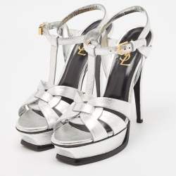 Pre Owned Saint Laurent Silver Leather Tribute Sandals Size 38