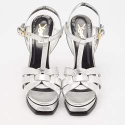 Pre Owned Saint Laurent Silver Leather Tribute Sandals Size 38