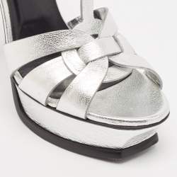 Pre Owned Saint Laurent Silver Leather Tribute Sandals Size 38