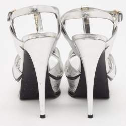Pre Owned Saint Laurent Silver Leather Tribute Sandals Size 38