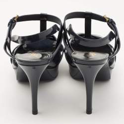 مملوكة مسبقًا Saint Laurent Navy Blue Patent Leather Tribute Platform Sandals Size 40