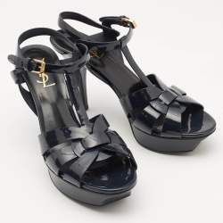 مملوكة مسبقًا Saint Laurent Navy Blue Patent Leather Tribute Platform Sandals Size 40
