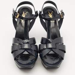 مملوكة مسبقًا Saint Laurent Navy Blue Patent Leather Tribute Platform Sandals Size 40