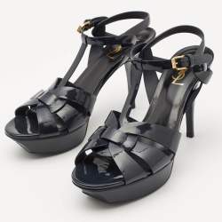 مملوكة مسبقًا Saint Laurent Navy Blue Patent Leather Tribute Platform Sandals Size 40