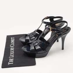 مملوكة مسبقًا Saint Laurent Navy Blue Patent Leather Tribute Platform Sandals Size 40
