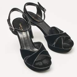Pre Owned Saint Laurent Black Velvet Bianca Ankle Strap Sandals Size 39