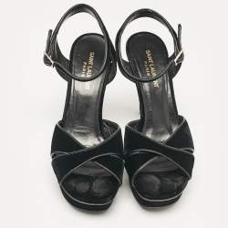 Pre Owned Saint Laurent Black Velvet Bianca Ankle Strap Sandals Size 39