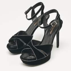 Pre Owned Saint Laurent Black Velvet Bianca Ankle Strap Sandals Size 39