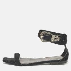 Saint Laurent Black Suede Ankle Strap Flat Sandals Size 39