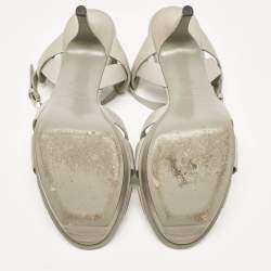 Pre Owned Saint Laurent Light Grey Leather Tribute Platform Sandals Size 40.5