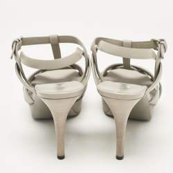 Pre Owned Saint Laurent Light Grey Leather Tribute Platform Sandals Size 40.5