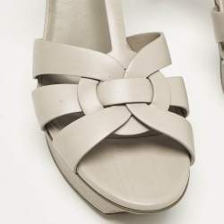 Pre Owned Saint Laurent Light Grey Leather Tribute Platform Sandals Size 40.5