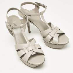 Pre Owned Saint Laurent Light Grey Leather Tribute Platform Sandals Size 40.5