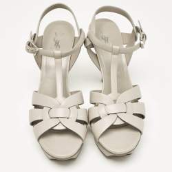 Pre Owned Saint Laurent Light Grey Leather Tribute Platform Sandals Size 40.5