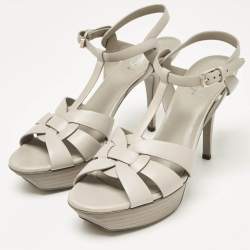 Pre Owned Saint Laurent Light Grey Leather Tribute Platform Sandals Size 40.5