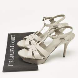 Pre Owned Saint Laurent Light Grey Leather Tribute Platform Sandals Size 40.5