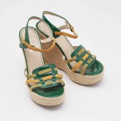 Pre Owned Saint Laurent Green Patent Leather and Suede Tribute Wedge Sandals Size 38.5
