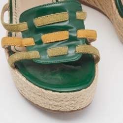 Pre Owned Saint Laurent Green Patent Leather and Suede Tribute Wedge Sandals Size 38.5