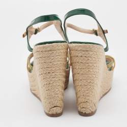 Pre Owned Saint Laurent Green Patent Leather and Suede Tribute Wedge Sandals Size 38.5