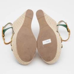 Pre Owned Saint Laurent Green Patent Leather and Suede Tribute Wedge Sandals Size 38.5